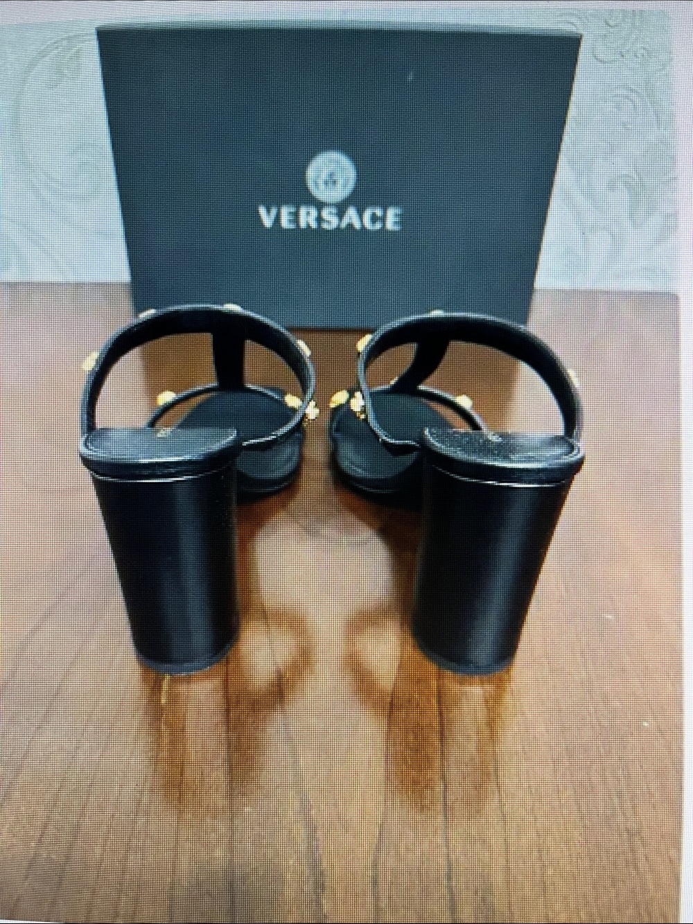 Versace Black Leather T-Strap Block Heel Mules with Gold Medallions - Picture 4 of 9